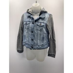 American Eagle Hooded Denim Jacket Size Juniors Medium Gray Fabric Sleeves